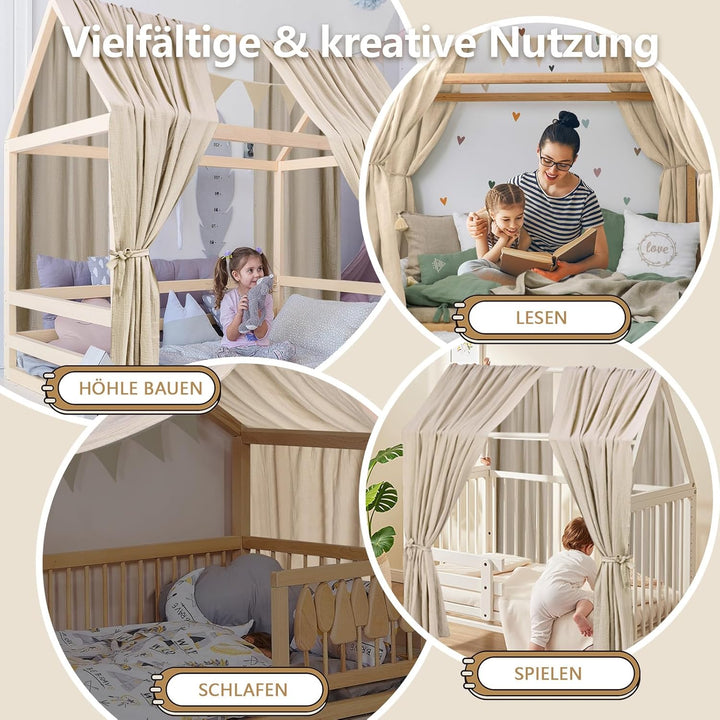 Alishomtll Hausbett Himmel Deko Set, 2 Betthimmel Hausbett aus 100% Baumwolle Musselin, 1 Wimpelkett