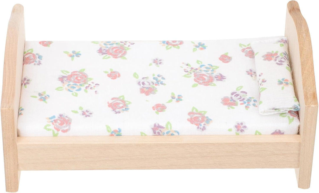 Abaodam Mini Hausmöbel Puppenbett Holz 1:12 Miniaturbett Mit Baumwollbettwäsche Und Kissen Spielzeug