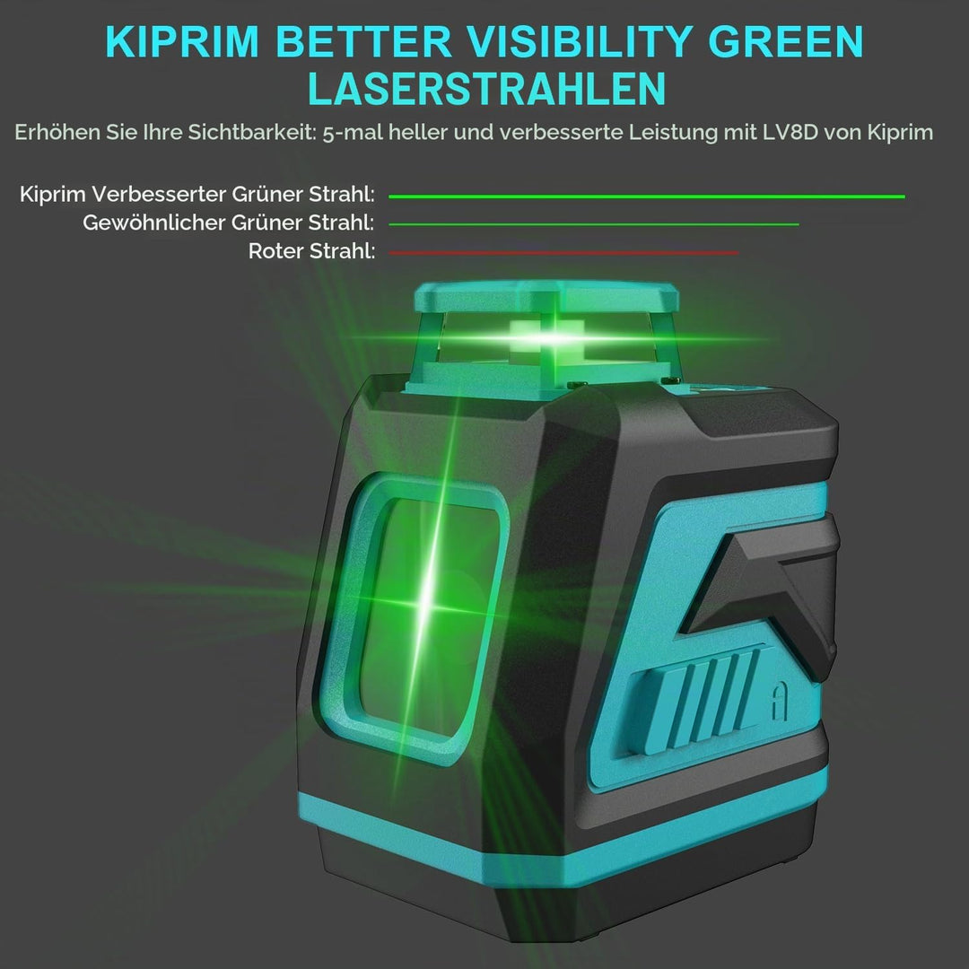 Kiprim Grüner Kreuzlinienlaser LV8D mit Verbesserter Sichtbarkeit,5 Laserlinien,Einstellbarer,Hellig