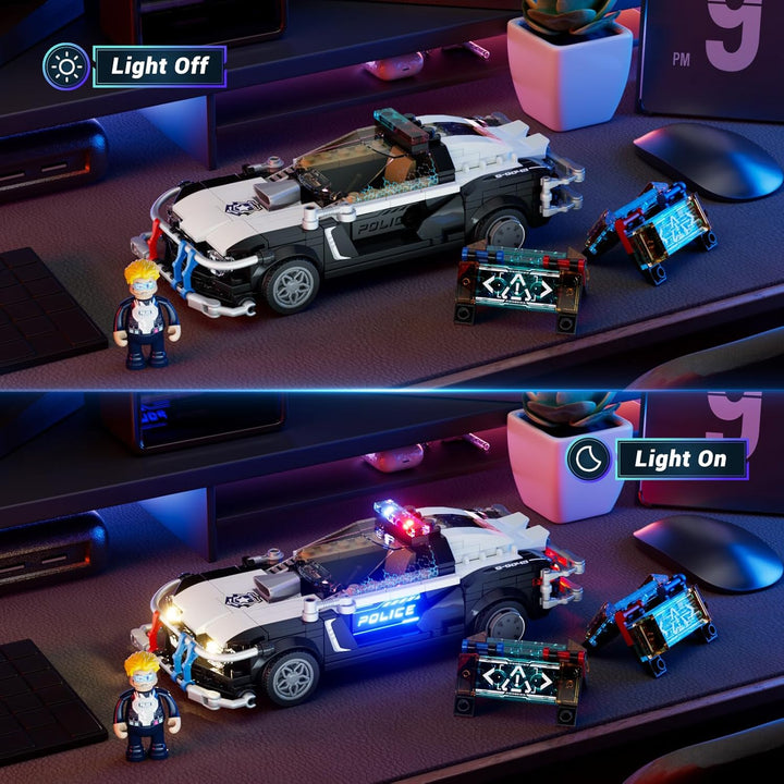 FUNWHOLE Polizeistreifenwagen Beleuchtetes Baustein-Set - Cyberpunk Stadt-Autojagd Spielset mit Poli