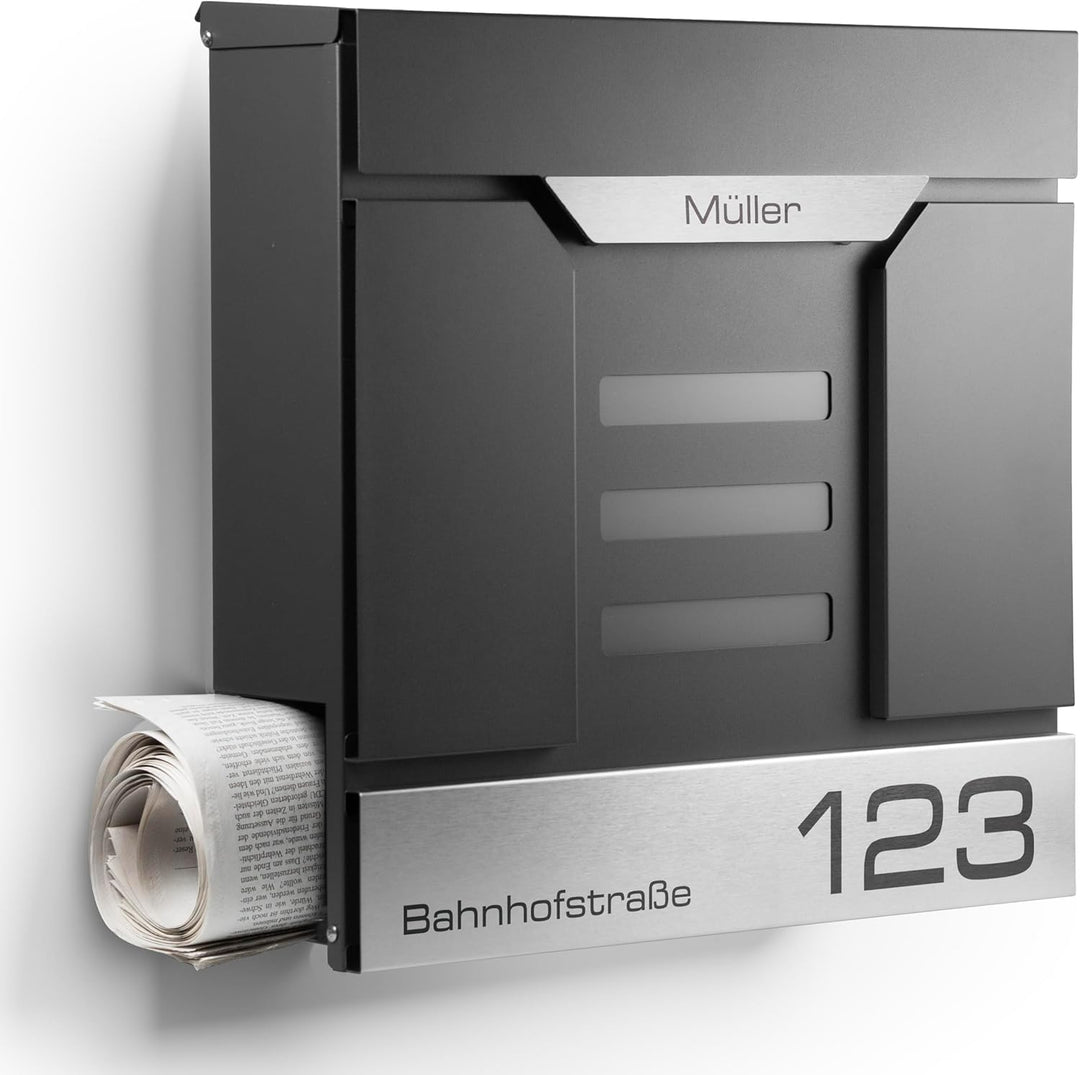 Moderner Briefkasten Personalisierbar Mailand Anthrazit RAL7016 - mit Zeitungsfach - Wandbriefkasten