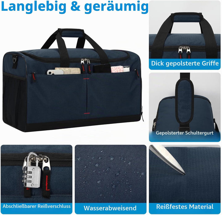 55L Sporttasche &amp; Reisetasche für Herren Gross - mit Schuhfach &amp; Nassfach - Trainingstasche, Tasche