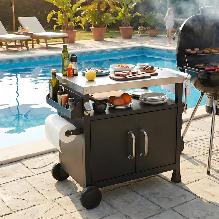 LIFERUN Edelstahl Grillwagen 3-Etagen, Grilltisch Servierwagen Beistelltisch, Grill Trolley Outdoor,
