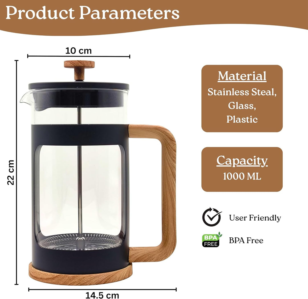 Generisch French Press Kaffeebereiter, 1 L, mattschwarz, Holzoptik-Griff, hitzebeständiges Glas, Ede