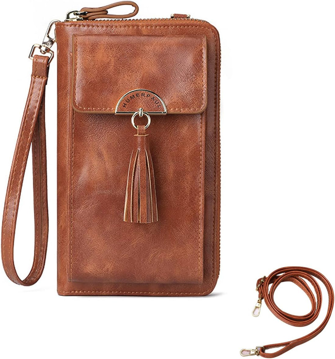 PORRASSO Geldbörse Damen Umhängetasche Portemonnaie Leder Geldbeutel Wristlet Bag mit Viele Fächer M