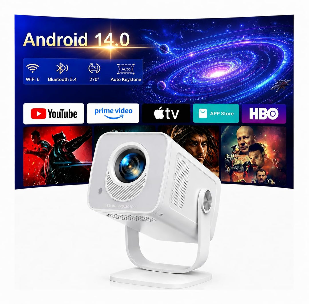 Mini Beamer 4K Unterstützt [Android 14 &amp; App Steuerung] WiFi 6 BT 5.4 | 270° Dreh Smart Beamer Klein