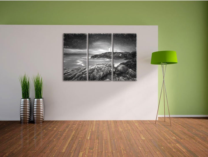 Pixxprint Leuchtturm im Meer Kohle Effekt 3-Teiler Leinwandbild 120x80 Bild auf Leinwand