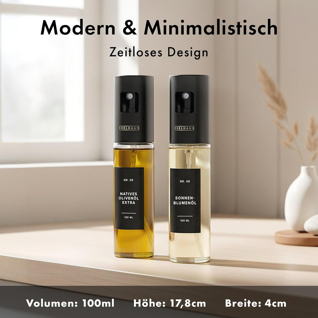 Ölsprüher 2er Set - Hochwertige Öl-Sprühflasche aus Edelstahl & Glas, für gesundes Kochen I Sprüher