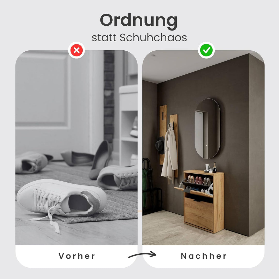 Planetmöbel Schuhschrank schmal mit 2 Klappen platzsparender Schuhregal mit 4 Ablagen, Schuhkommode