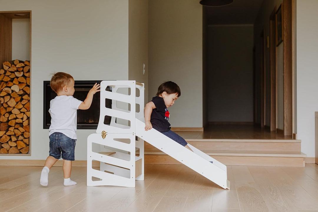 Weco Kinder-Lernturm 3 in 1 Streifendesign mit Rutsche Schreibtisch Rutsche Montessori Möbel Küchenh
