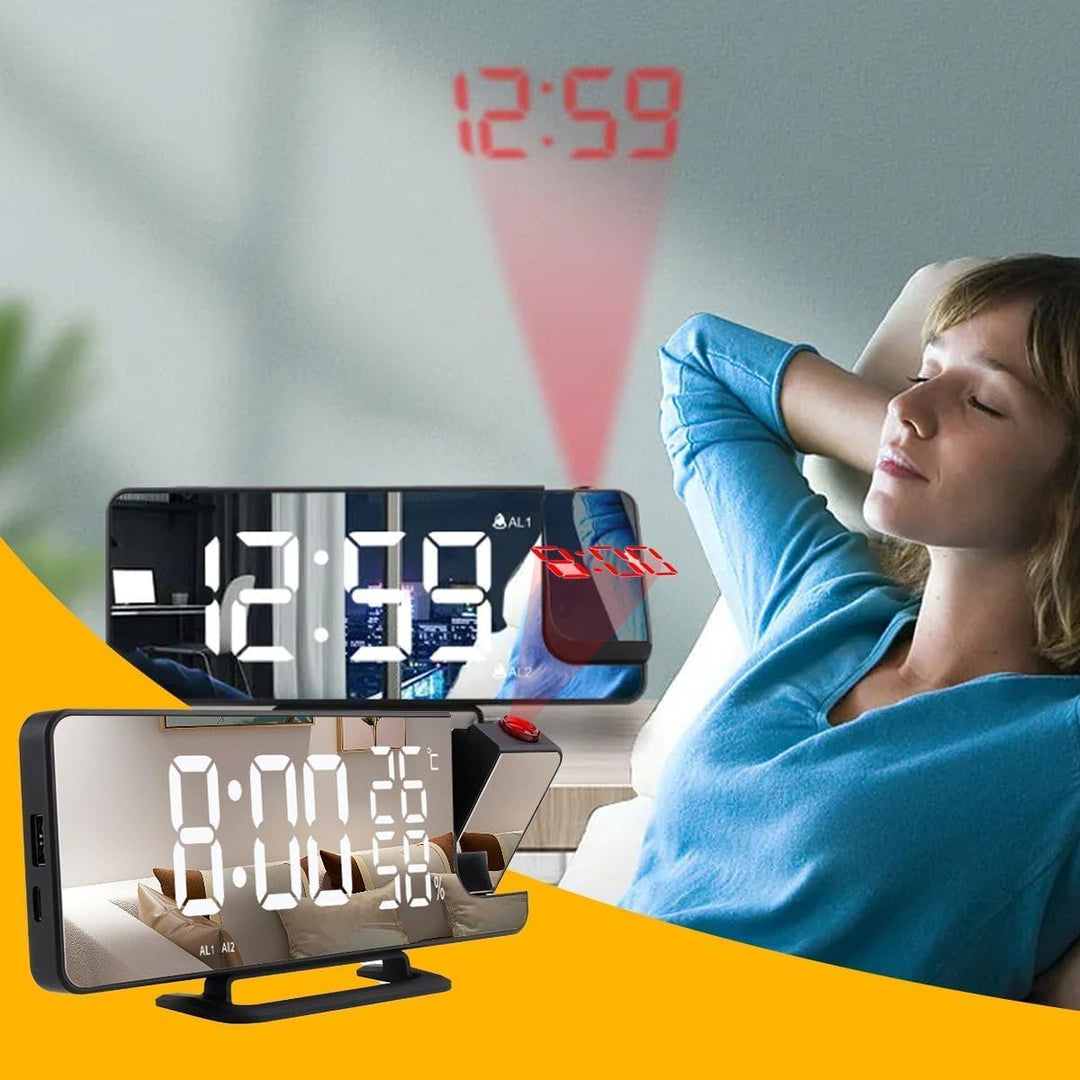 Schwarzer Wecker mit Led-Display, Doppelalarm, Schlummerfunktion, USB-Anschluss und Temperatursensor