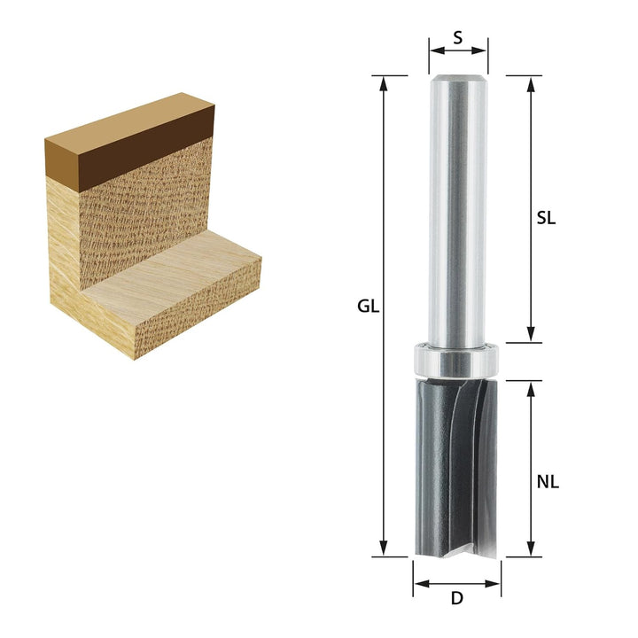 ENT 11652 Bündigfräser HW, Schaft (S) 8 mm, Durchmesser (D) 12 mm, NL 25 mm, SL 38 mm, GL 68 mm, mit
