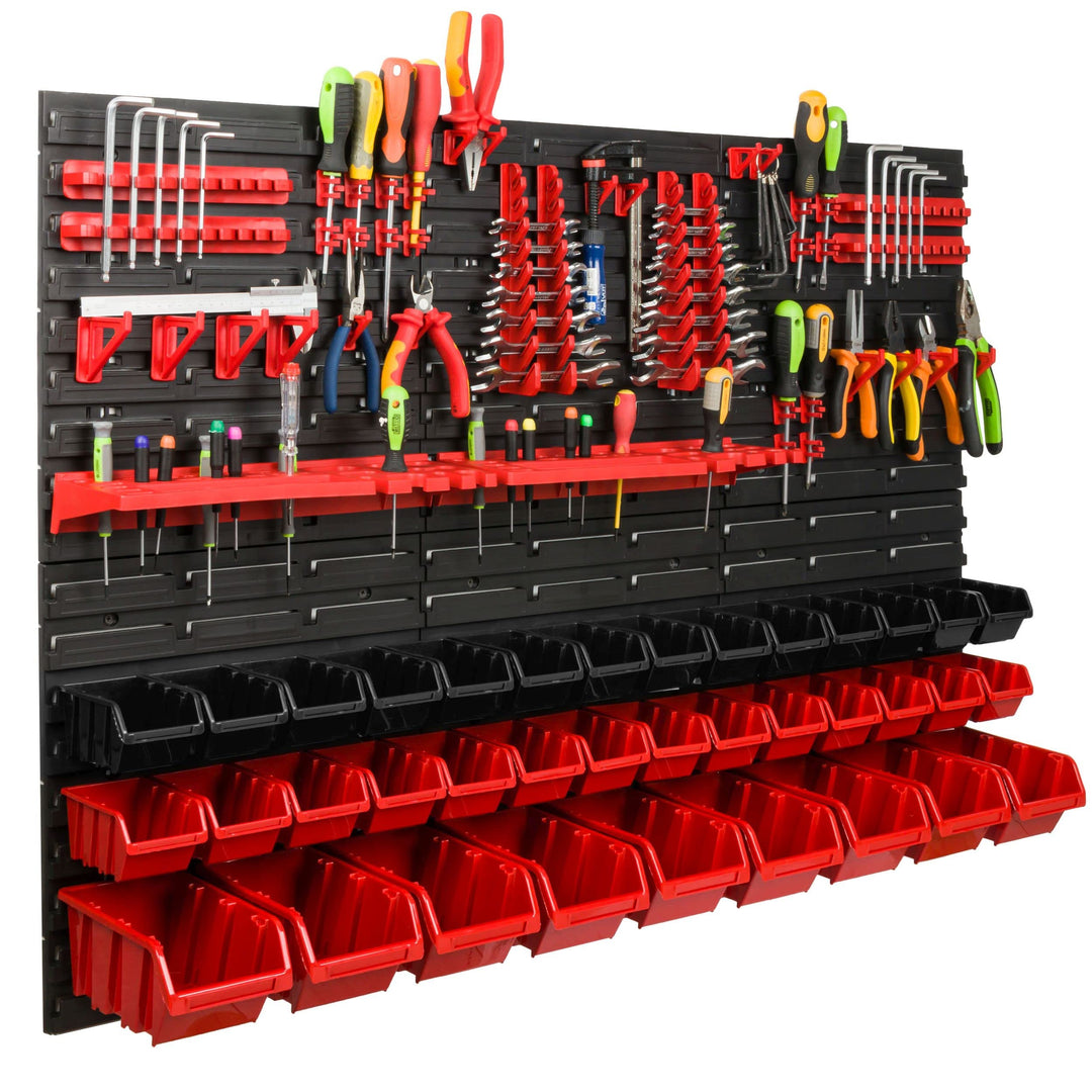 Lagersystem Werkstattregal | 117 x 78 cm | 37 stck. Box | Wandregal mit Werkzeughalterungen und Stap