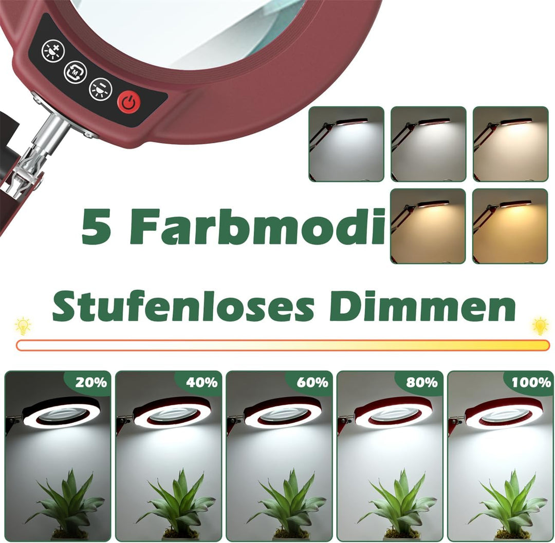 10X Lupe mit Licht und Ständer, Echter Glaslinse 2-in-1 Lupenlampe und Klemme, LED Beleuchtete Lupe