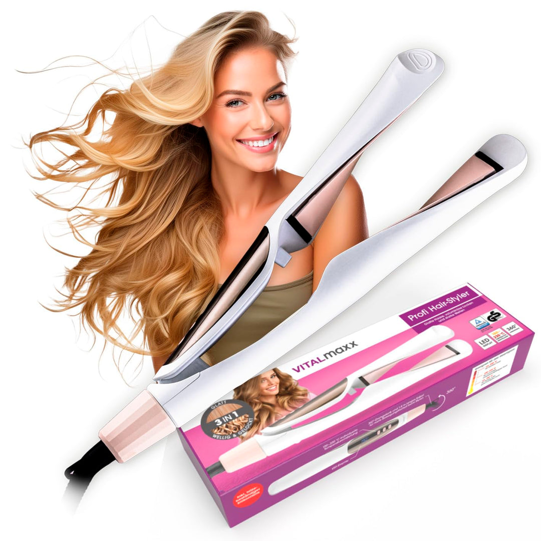VITALmaxx Profi Hair Styler | 3in1 Lockenstab, Glätteisen & Welleneisen mit LED Display | Temperatur