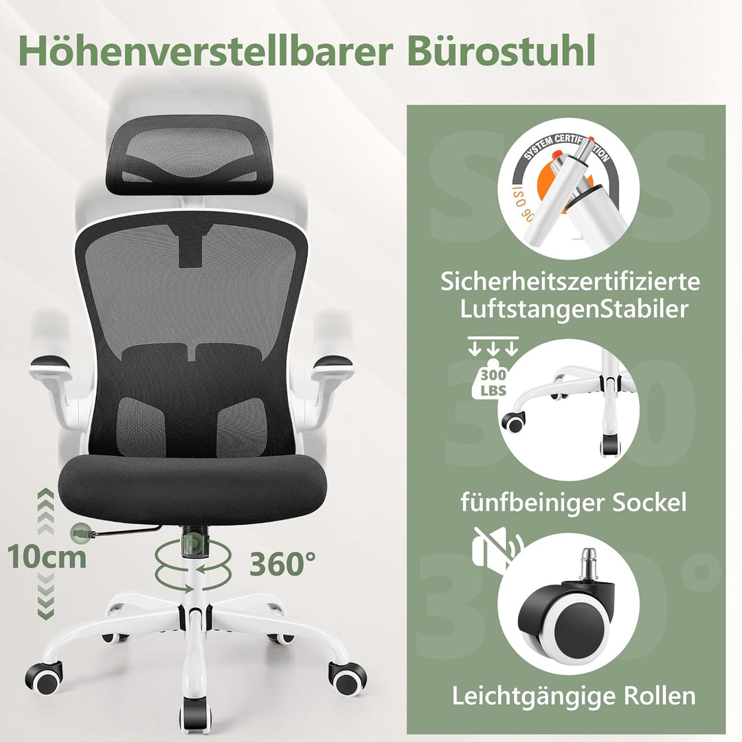 FelixKing Ergonomischer Bürostuhl, verstellbare Lendenwirbelstütze, Drehstuhl, 3D-Kopfstütze und kla