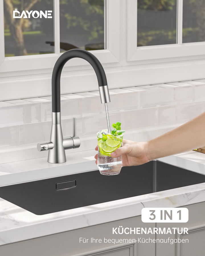 DAYONE 3 Wege Schwarz Wasserhahn Küche Flexibel, 3 in 1 Mischbatterie für Wasserfilter Osmose, 360°