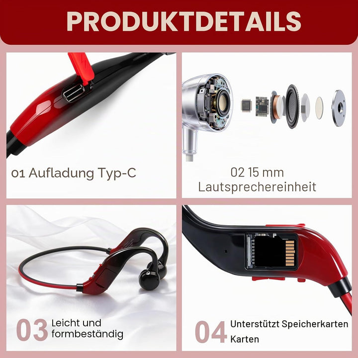 Bone Conduction Kopfhörer Knochenschall Bluetooth5.4 Open-Ear, kabellose Sport Kopfhörer mit IPX5 wa