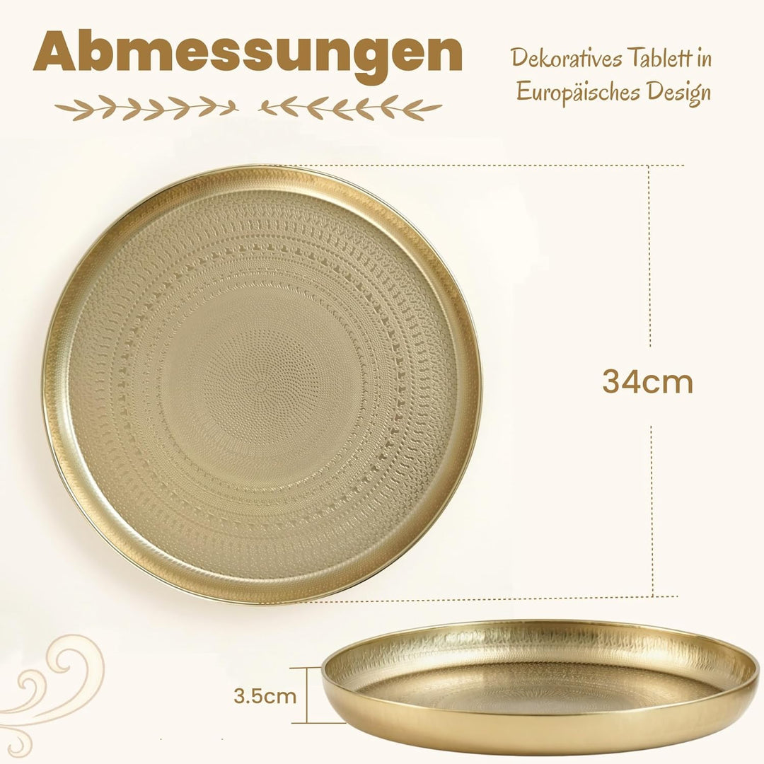 JAZUIHA Deko Tablett Rund 2er Set, Dekoschale Gold aus Metall, Dekorative Tablett Ø 34 cm, Goldener