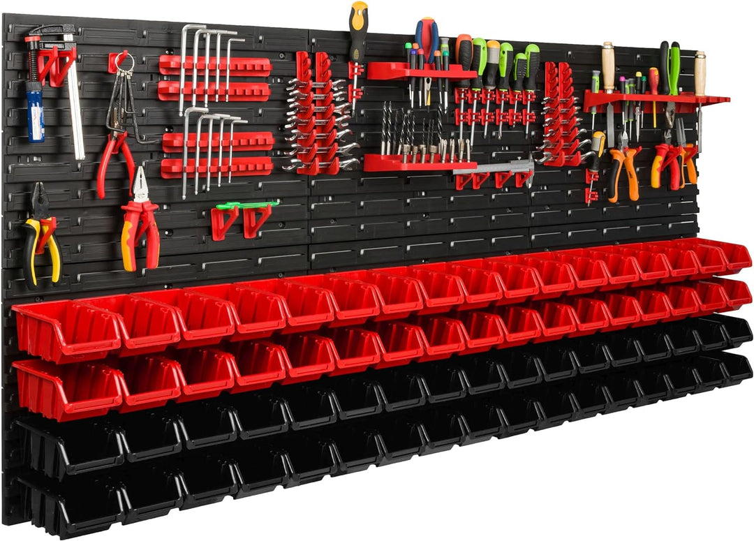 Lagersystem Werkstattregal | 172 x 78 cm | 68 stck. Box | Wandregal mit Werkzeughalterungen und Stap