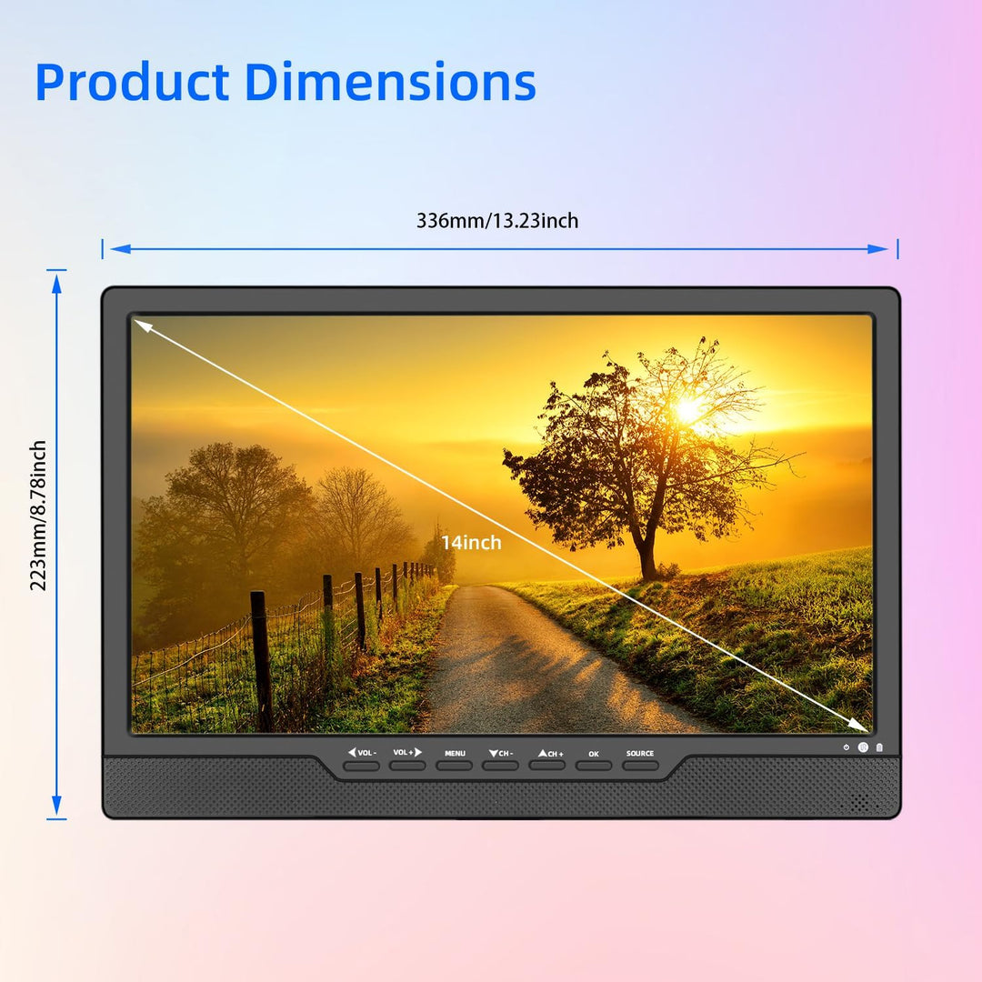 SOYAR Tragbarer 14,0-Zoll-LCD-Fernseher mit DVB-T2, wiederaufladbarem Akku, Mini-Freeview-TV, USB-An