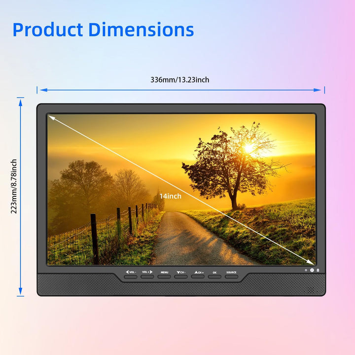 SOYAR Tragbarer 14,0-Zoll-LCD-Fernseher mit DVB-T2, wiederaufladbarem Akku, Mini-Freeview-TV, USB-An