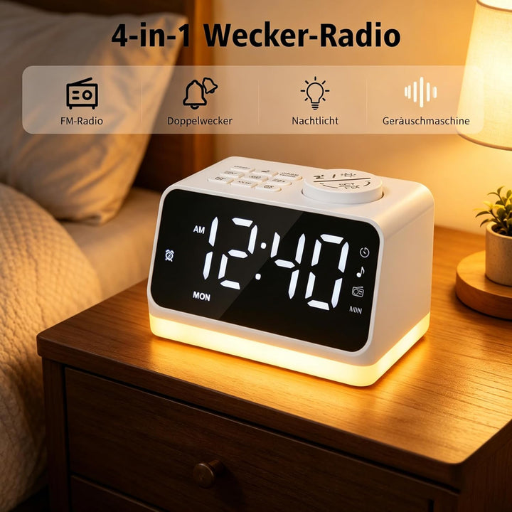 Digitaler Radiowecker für das Schlafzimmer – 8-farbiges Nachtlicht (0-100% dimmbar), Doppelalarm mit