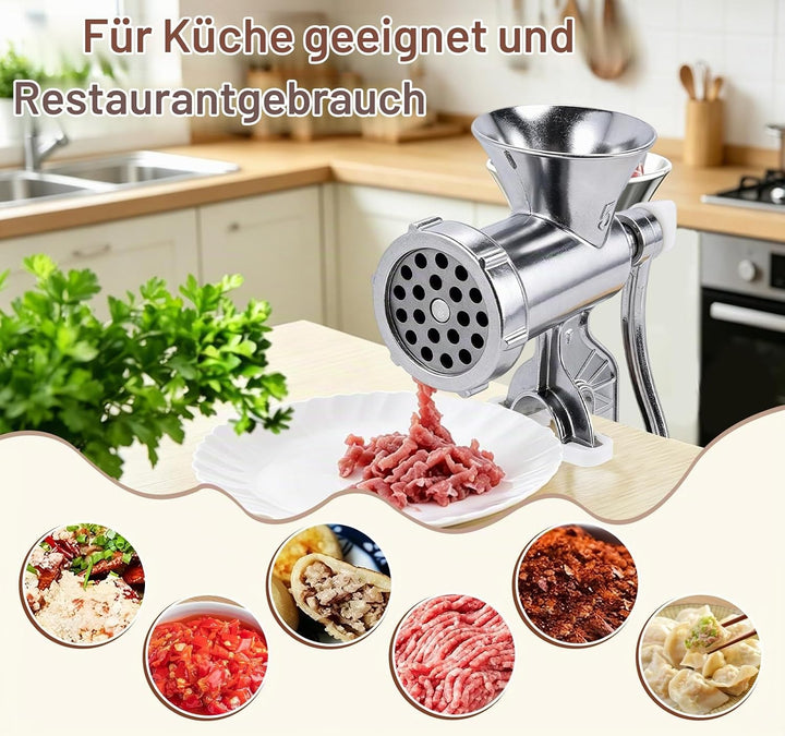 Manuelle Fleischmühle, Grösse 5 Wurstfüller Fleischwolf mit Lochscheiben und Gebäckvorsatz Wurstfüll