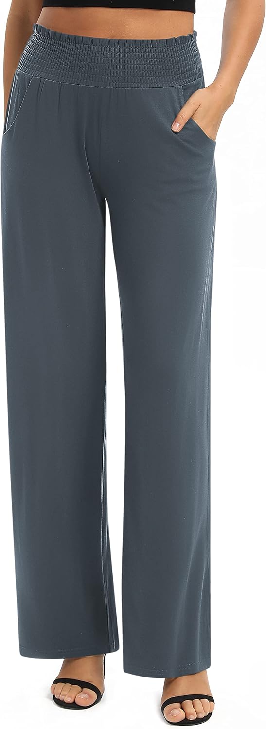 EXCHIC Damen Einfarbig Lose Gerade Geschnitten Palazzo Hose Hohe Taille Dehnbar Lounge Hose mit Tasc