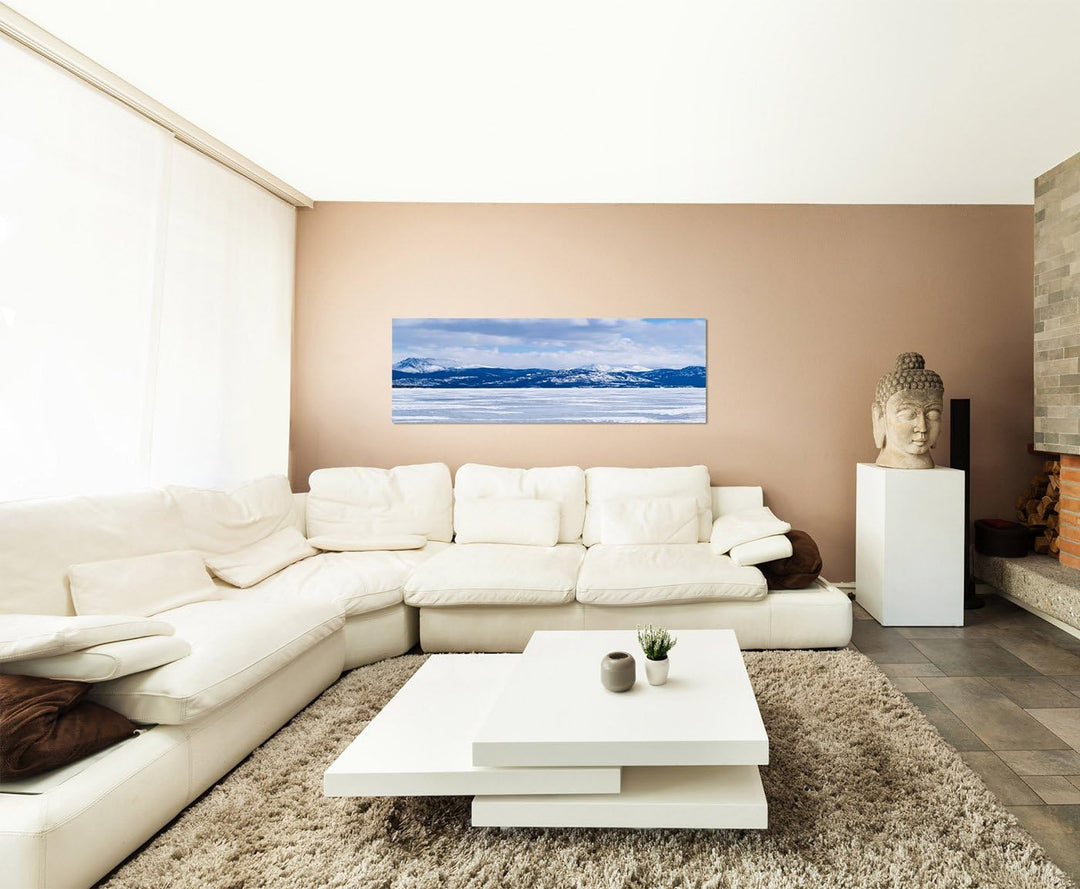 Paul Sinus Art Panoramabild auf Leinwand und Keilrahmen 150x50cm Kanada Berge See Eisschicht Schnee