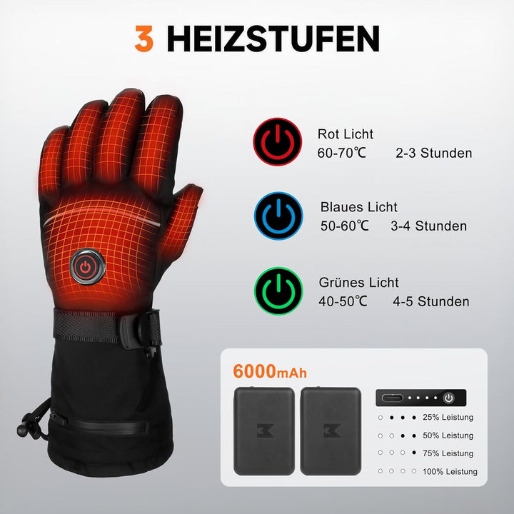 Beheizbare Handschuhe, 6000mAh Akku USB Beheizte Handschuhe für Damen Herren, 3 Heizstufen wasserdic