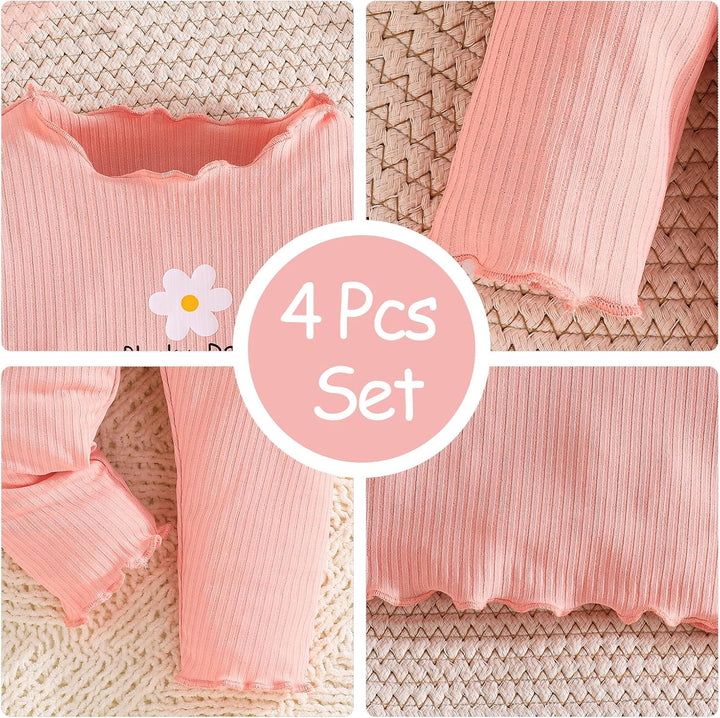 Kleinkind Baby Mädchen kleidung Set Rüschen Gerippte Kurzarm/Langarm T-Shirt Tops + Shorts Hosen 4Pc