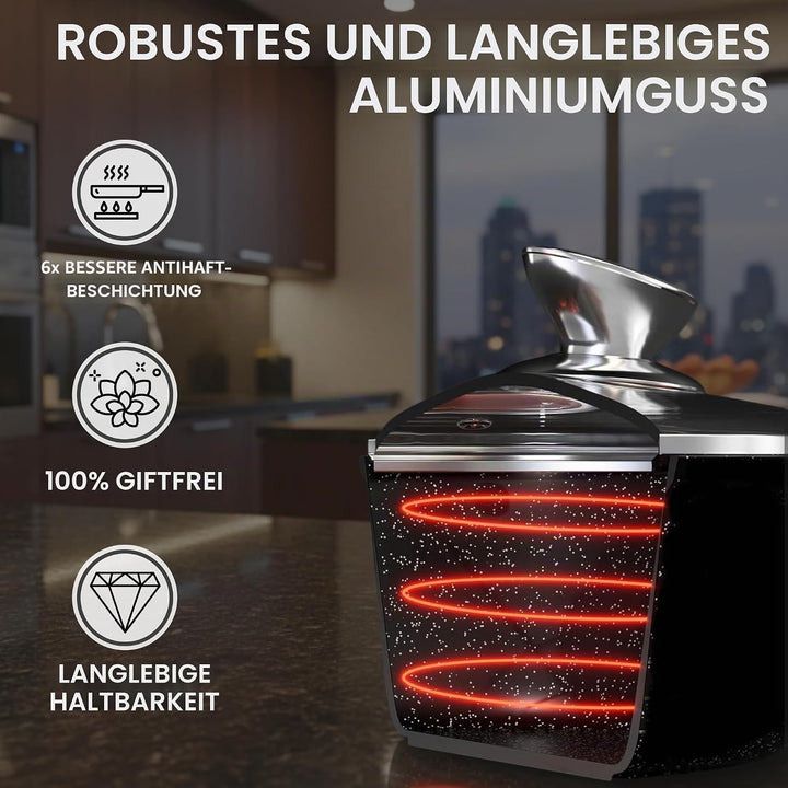 Royal Swiss Kochtopf, 24 cm, Schwarz, 4 l, Marmorbeschichtung, Glasdeckel, geeignet für Induktion &amp;