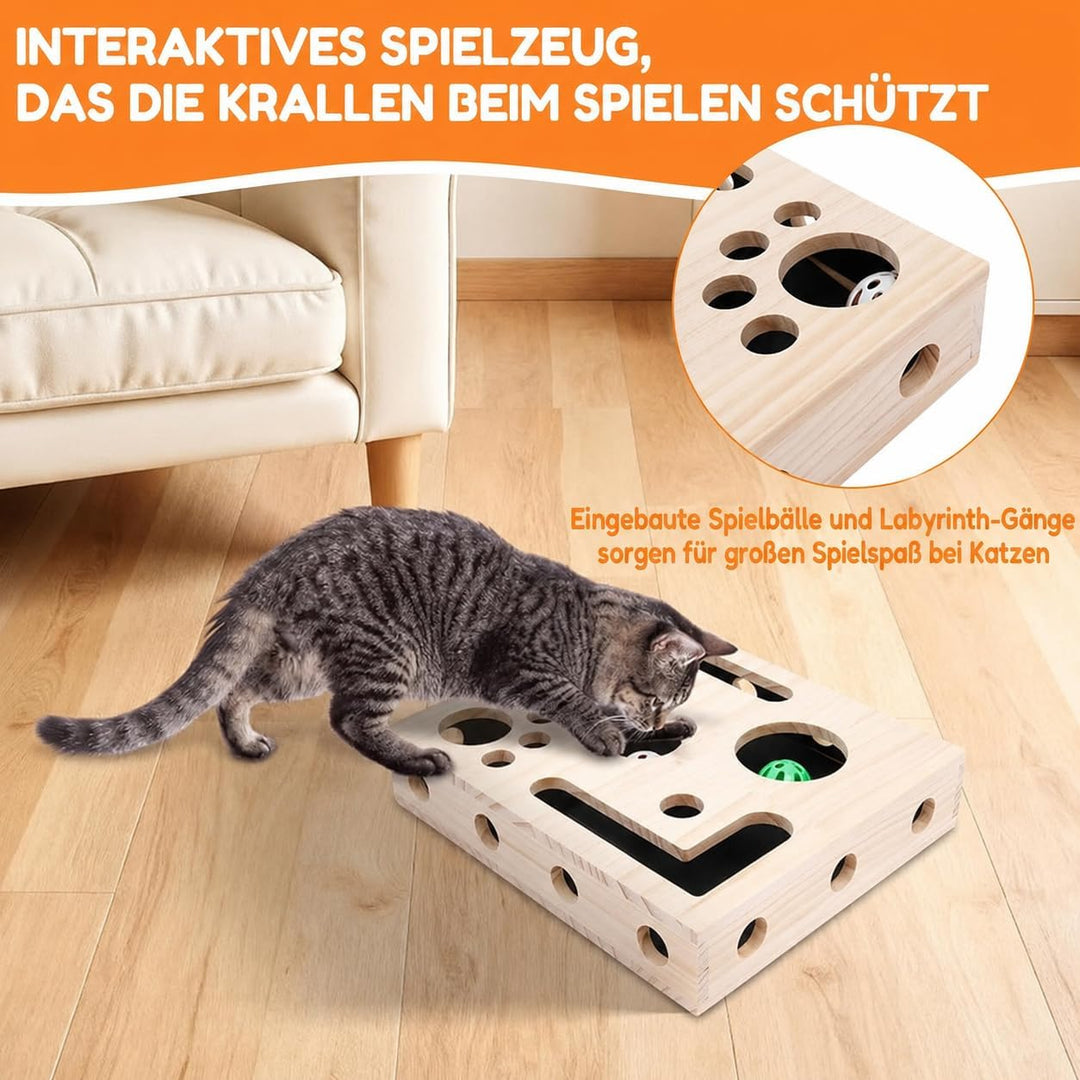 Beschäftigungsbox Krallenfeile Katze, 29,5×24,5×6 cm Kratzpuzzle Spielbox Holz Katzen Kratzbrett mit