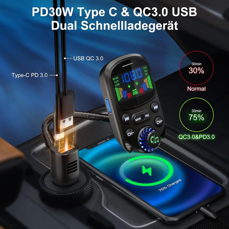 Bluetooth 5.3 FM Transmitter für Auto, SOARUN Bluetooth Adapter Auto QC3.0 & PD3.0 30W Dual USB Lade