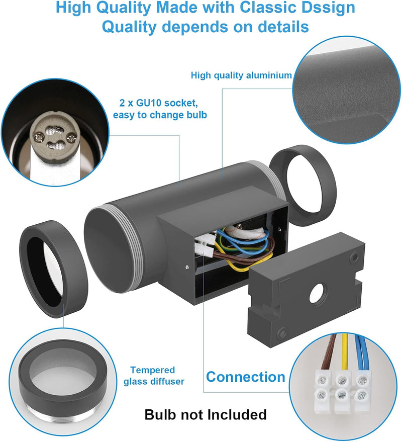 Klighten 2 Stück Aussenleuchte Aussenlampe Wand, GU10 Aluminium Up Down Aussenwandleuchten, Wasserdi