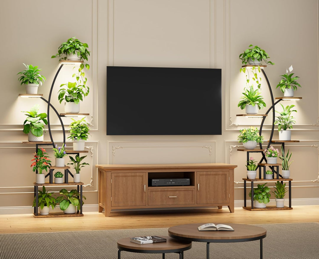 JUSTOGO Blumenständer Pflanzenständer mit Wachstumslichtern - 8 Etagen Pflanzenregal Indoor aus Holz