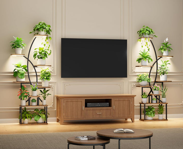 JUSTOGO Blumenständer Pflanzenständer mit Wachstumslichtern - 8 Etagen Pflanzenregal Indoor aus Holz