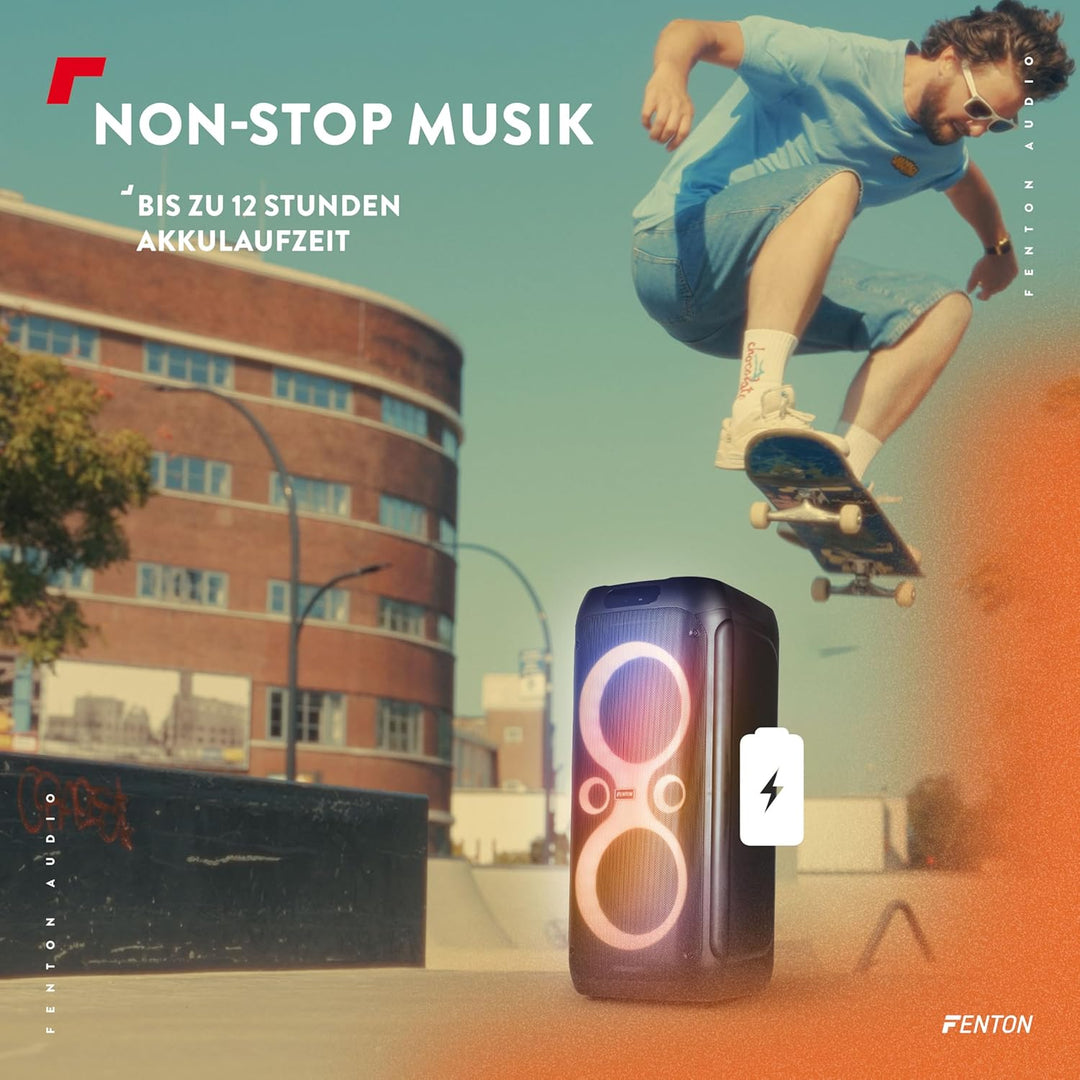 Fenton Core130 Musikbox Bluetooth Gross 180W, Akku 12 Std, Karaoke Mikrofon, BT 5.3, Fernbedienung,