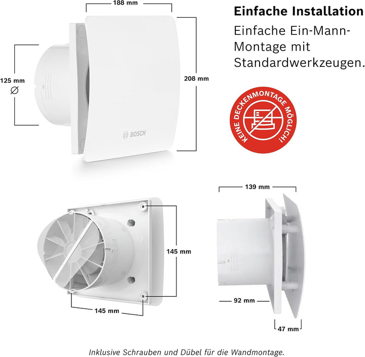 Bosch Badlüfter Fan 1500 125mm Durchmesser, mit Lichtschalter-Aktivierung zur Wandmontage inkl. Schr