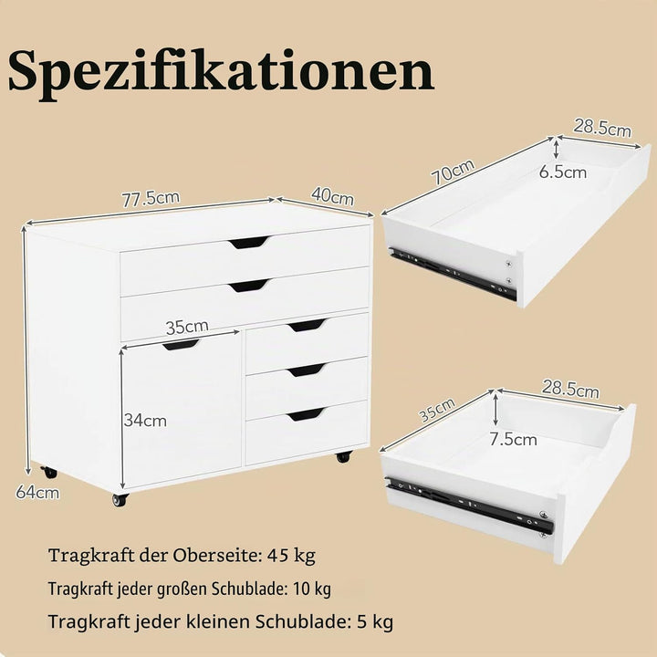 KOMFOTTEU Aktenschrank mit Rollen, Bürocontainer mit 5 Schubladen &amp; 1 Schrank, Rollcontainer Schubla