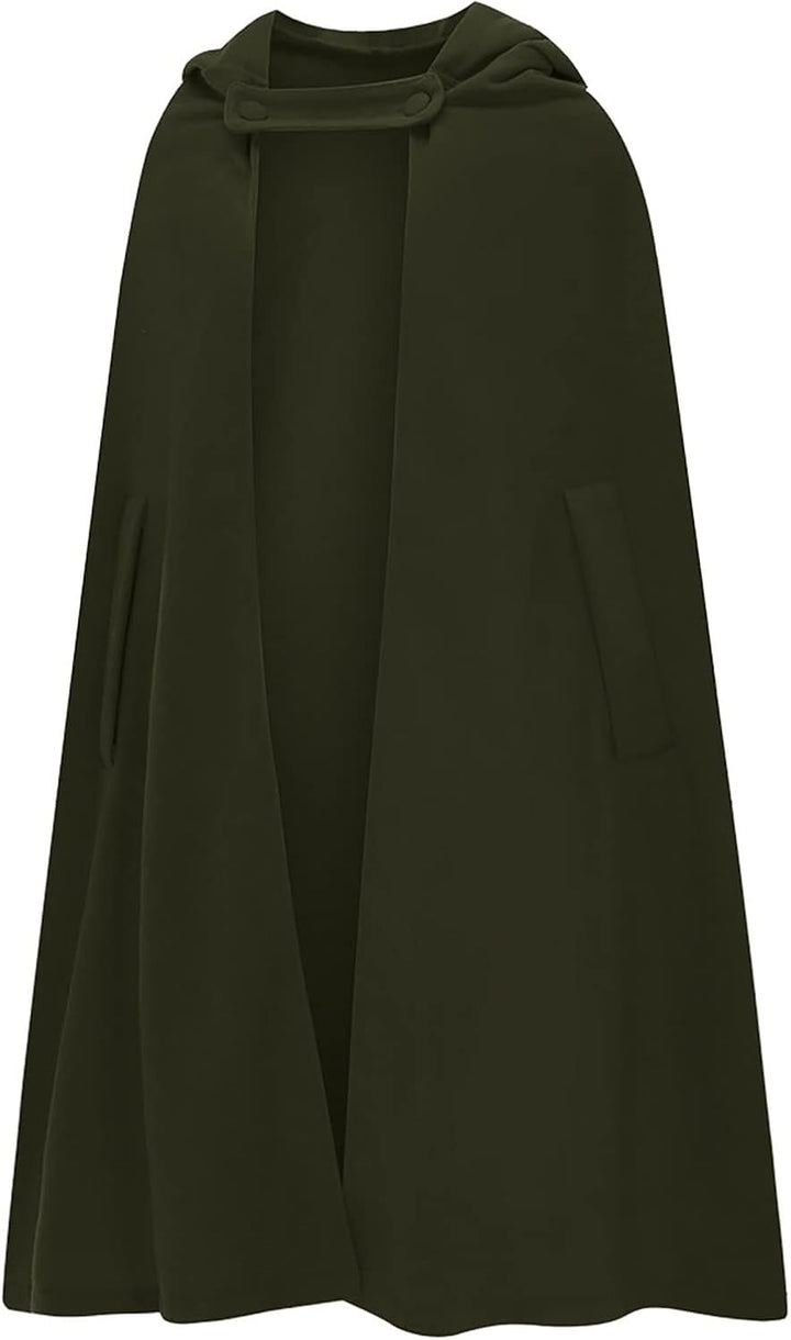 Wollen Umhang mit Kapuze Damen Vintage Einfarbig Poncho Robe Halloween Kostüm Leichte Trenchcoat Win
