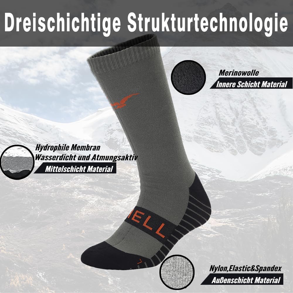 OTTERSHELL Merino Wolle wasserdichte Mid-Calf Socken. Warm und atmungsaktiv. 3-Layer Composite Fabri