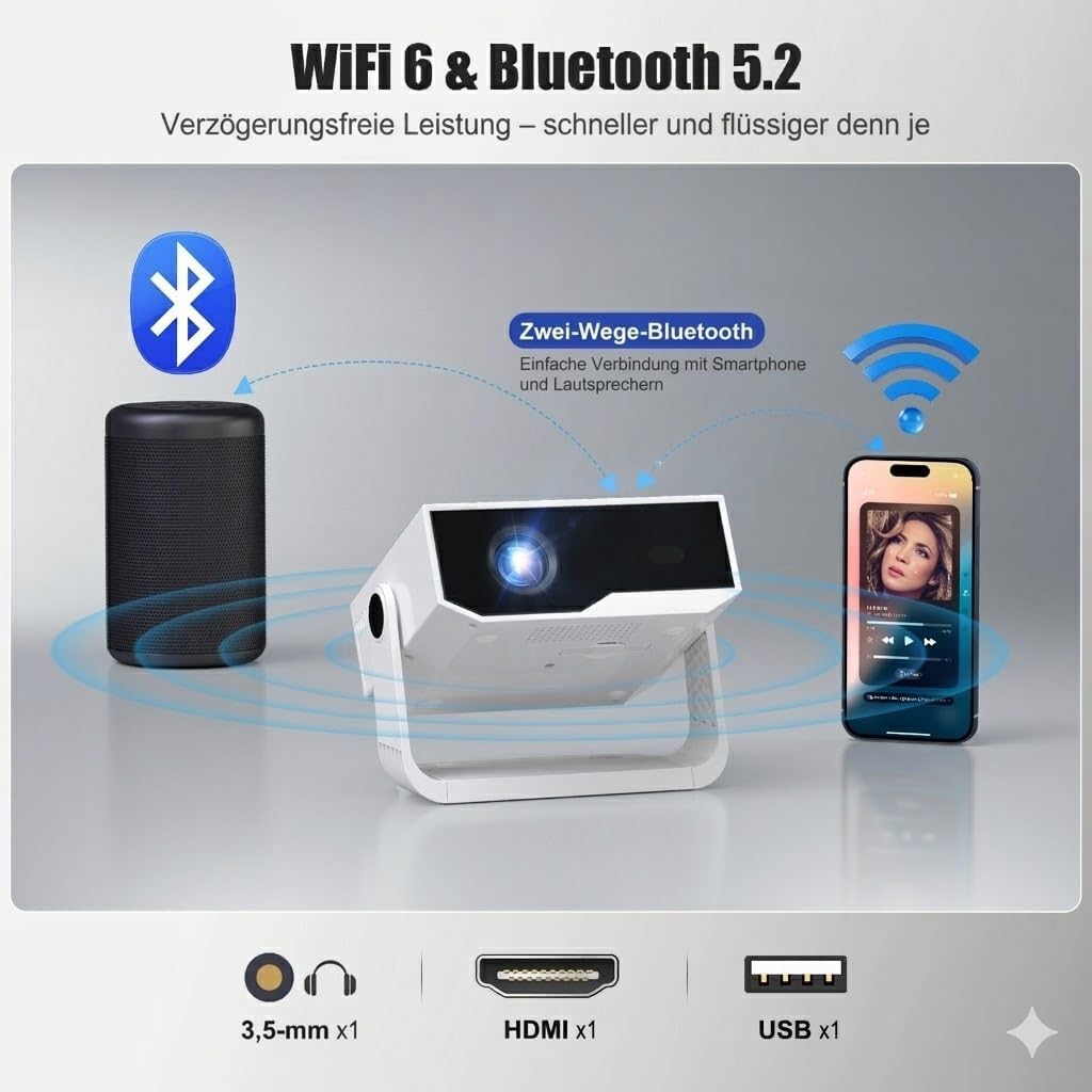 ZDK 2026 Upgrade Mini Beamer Integrierte Apps, Android 14, unterstützt 4K 1080P, Trapezkorrektur, WL