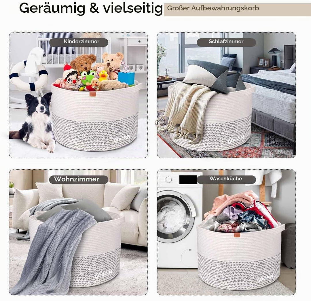 GOCAN Extra grosser Deckenkorb Baumwollseilkorb D55 X H35cm Gewebte Wäschekörbe für Decken Aufbewahr