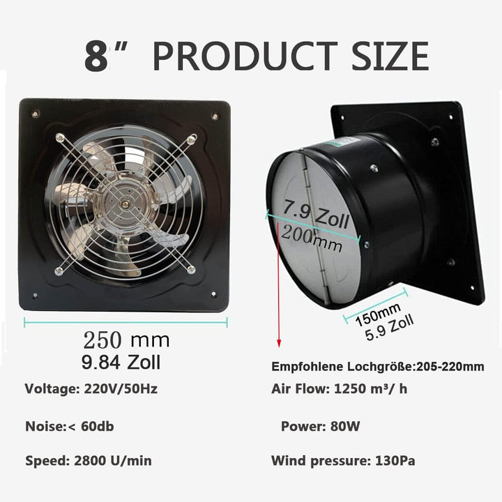 ECUTEE Abluftventilator 200mm Lüfter 80W 8" Axiallüfter 1250 m³/h Axialventilator Küchen Industriell