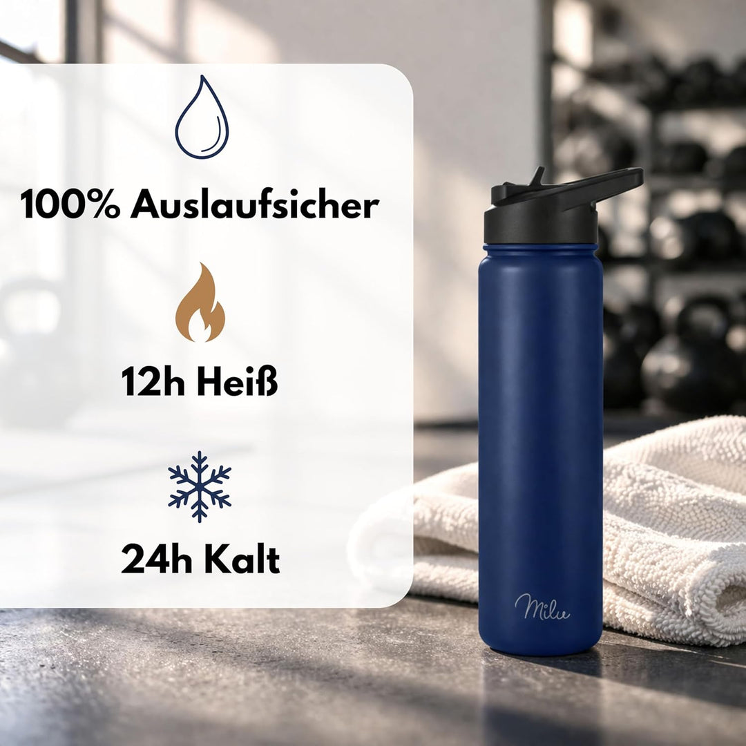 Milu Edelstahl Trinkflasche 500ml, 750ml, 1000ml (+3 Deckel) - Thermosflasche mit Strohhalm, Isolier