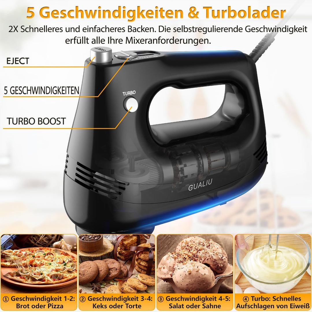 Elektrischer Handmixer 300W mit Edelstahl Schneebesen, Knethaken, Elektrische Handrührer,Turbo Boost