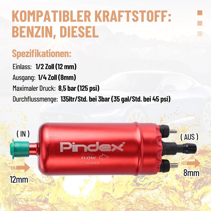 Pindex Elektrische Kraftstoffpumpe 12V 0580464070, elektr. Hochdruckkraftstoffpumpe 8.5Bar mit Dämpf