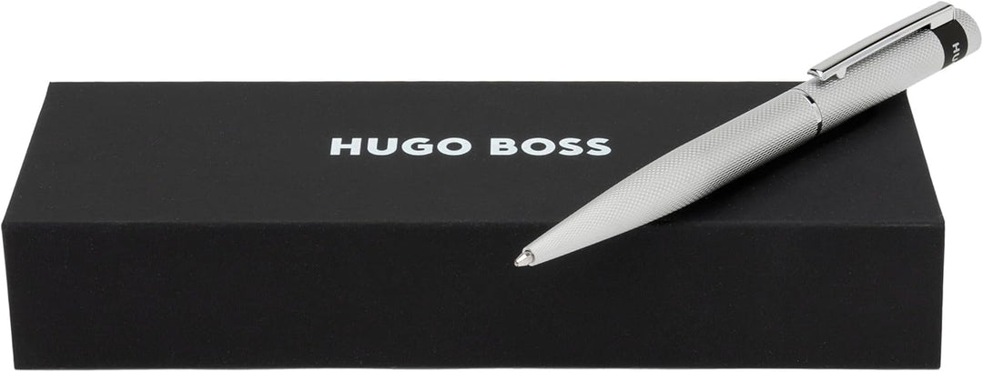 Hugo Boss Loop Diamond Kugelschreiber aus Messing in der Farbe Chrome, Länge: 14,6cm, Minenfarbe: Bl